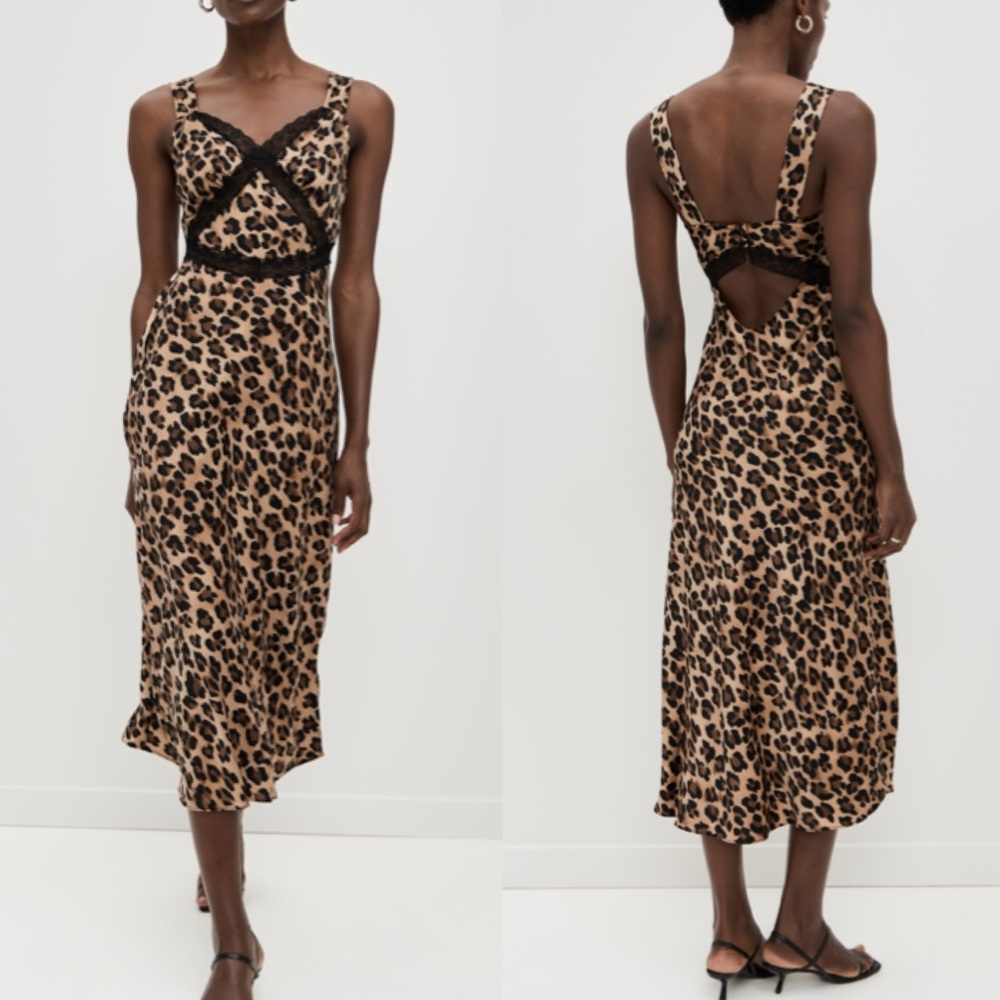BARDOT Emory Leopard Lace Inset Printed Satin Midi Slip Dress (XXL)